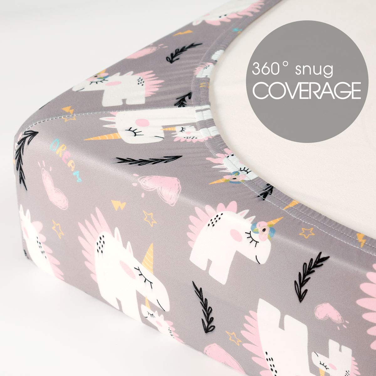 Stretchy Ultra Soft Jersey Knit Fitted Pack n Play Playard Sheets Set 2 Pack, Fits Portable/Mini Cribs Sheets, Playards Mattress Pads, Pink Simple Triangle/Dream Unicorn for Girls