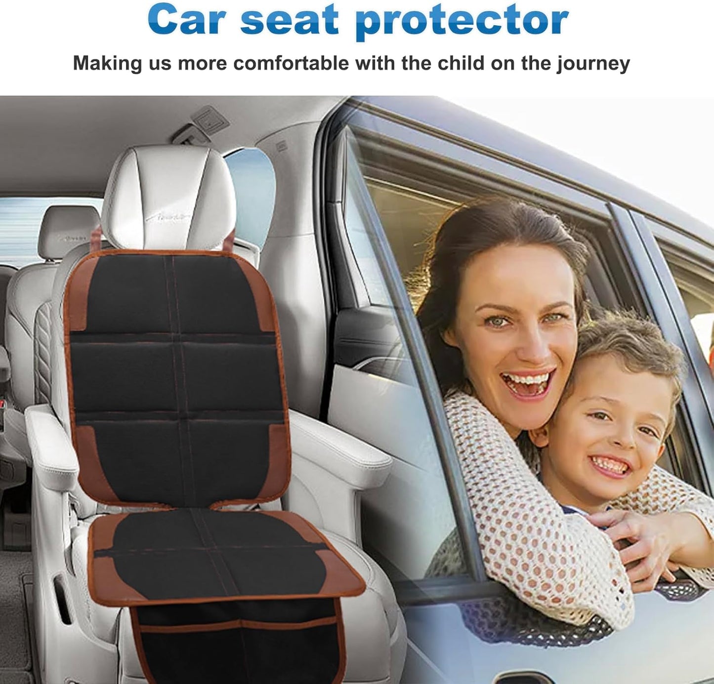 Car Seat Protector for Child, 2 Pack With Mesh Pockets & Non-Slip Backing 600D Durable Under Baby Seat Cover for Back Seat (Dark Brown, Standard)