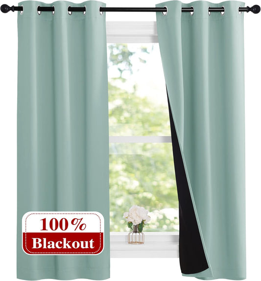 NICETOWN Aqua Blue 100% Blackout Lined Curtains, 2 Thick Layers Narrow Wide Window Treatment Panels Thermal Insulated Drapes for Kitchen Small Window (1 Pair, 37" Width x 63" Length Each Panel)