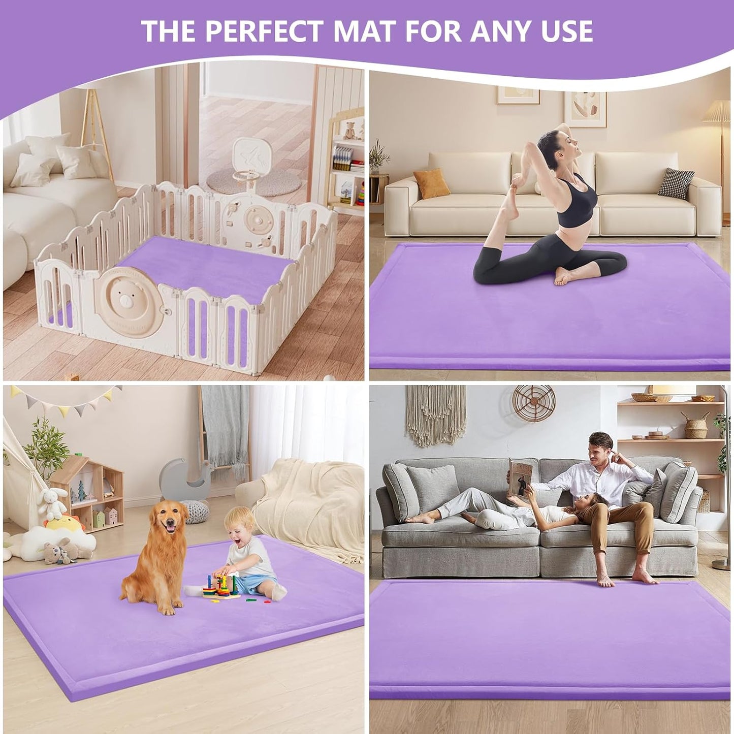 Baby Play Mat for Floor,1.3" Thick Elasti-Foam 50x50 Playpen Mat for Toddlers Infant Kids,Water-Repellent Soft Coral Velvet for Tummy Time,Non-Slip Backing for Crawling,Tatami Style(Lavender)