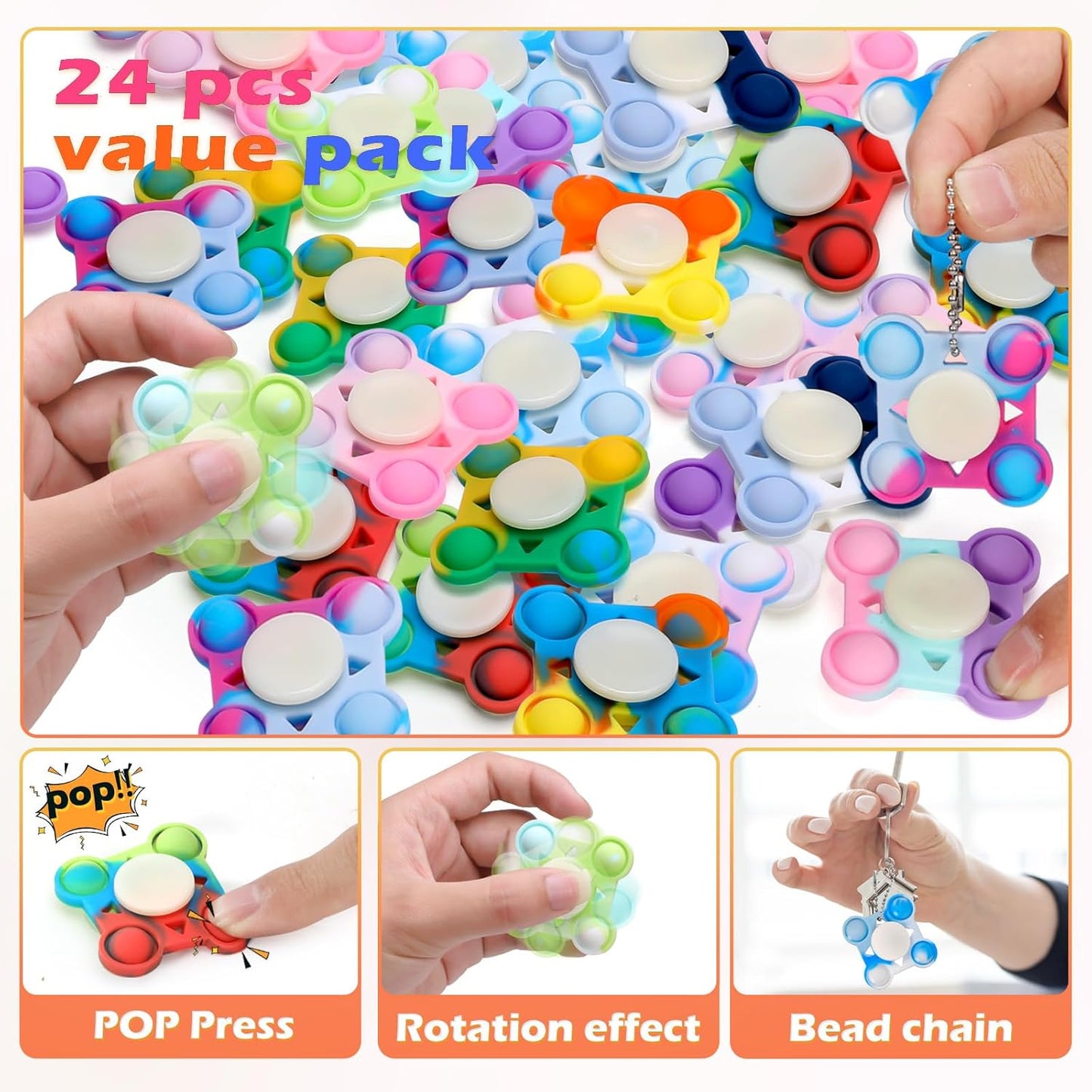 24 PCS Pop Fidget Spinners - Colorful Party Favors for Kids - Sensory Toys for Stress Relief and Anxiety - Classroom Prizes,Goodie Bag Stuffers,Birthday Gifts
