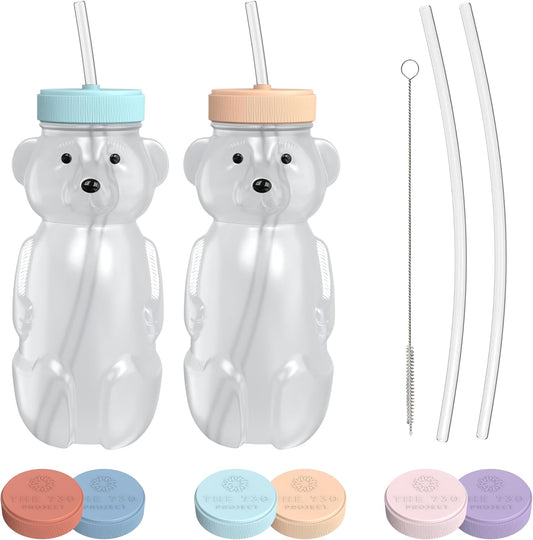 Honey Bear Straw Cup for Babies, 2-Pack Honey Bear Bottle with Travel Lid, Therapy Learning Honeybear Straw Cup, Baby Bottle Set, 8 oz, Creamsicle & Blizzard
