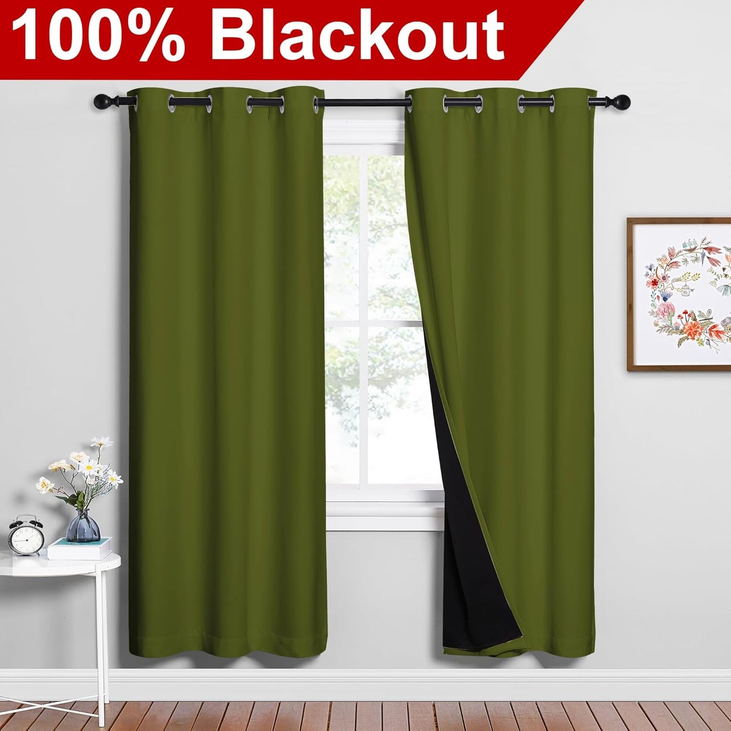 NICETOWN Olive Green Full Shade Curtain Panels, 37" Wide x 70" Long, Olive Green, Pair of Thermal Insulated & Energy Efficiency Blackout Drapes for Living Room, Lined Silky Performance Window Dressing