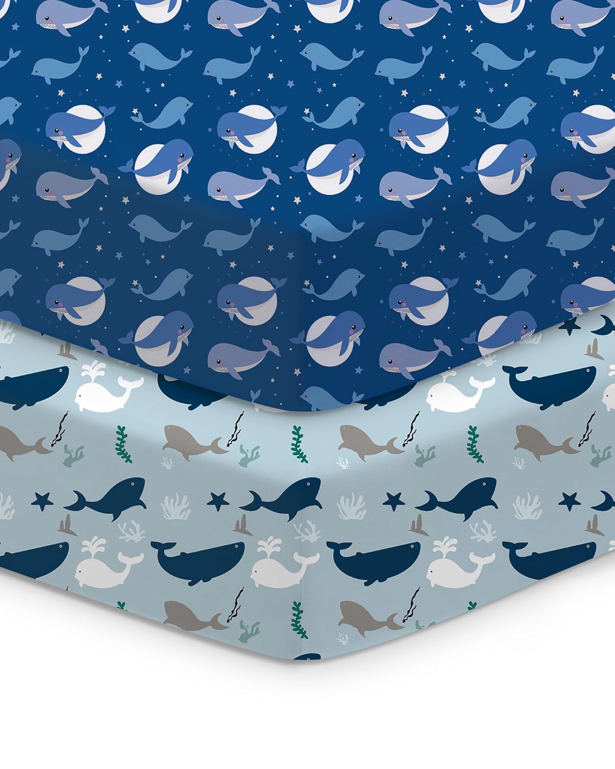 Baby Crib Sheets for Standard Crib Mattress - Navy Whale+Blue, Ultra Soft Jersey Knit, Breathable and Cozy, Fits 28''x52''x9'' Deep Pocket