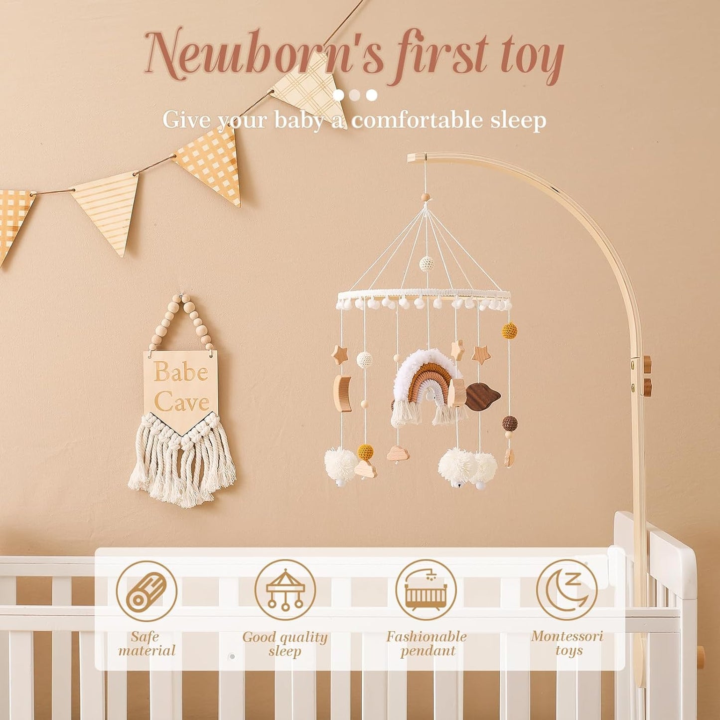 Baby Crib Mobile for Boys Girls Rainbow Nursery Mobile Gender Neutral Hand-Crocheted Mobile Ceiling Mobile - Rainbow, Clouds, Moon