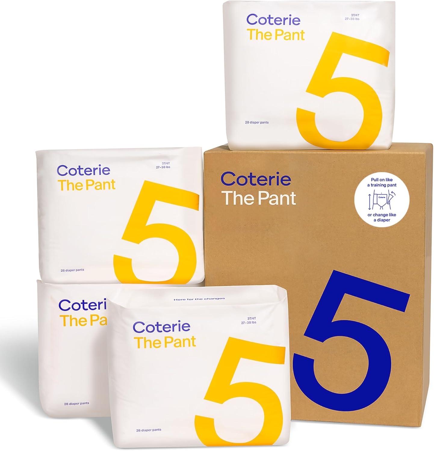 Coterie The Pant, Size 5, Pull Up Style Diapers for Sensitive Skin, Hypoallergenic, Super Absorbent Overnight Leak Protection, 3T/4T (27-38 lbs) 112 Count