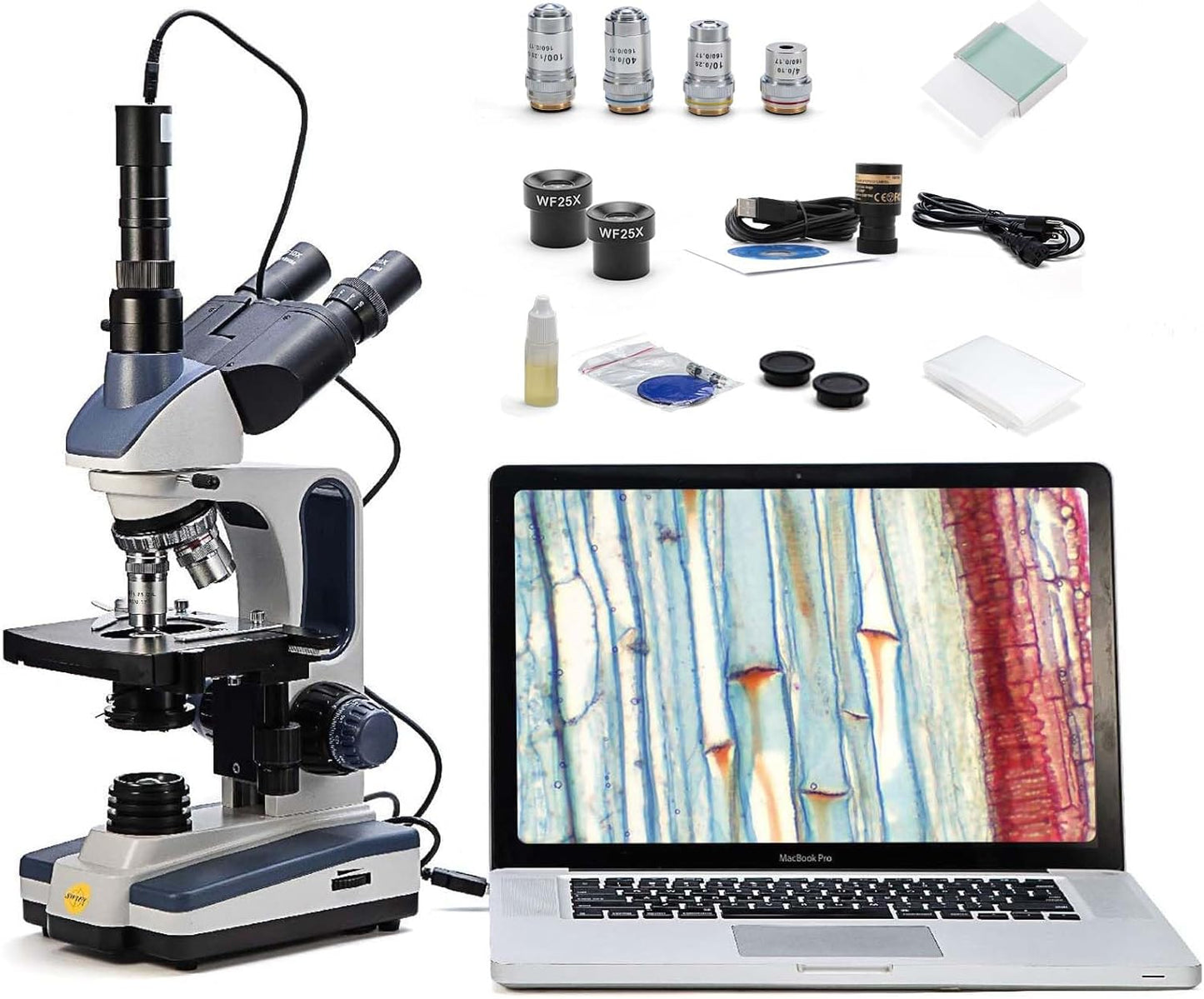 SWIFT Trinocular Compound Microscope SW350T,40X-2500X Magnification,Siedentopf Head,Research-Grade,Two-Layer Mechanical Stage,1.3mp Camera and Software Windows and Mac Compatible