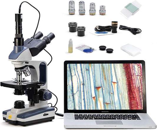 SWIFT Trinocular Compound Microscope SW350T,40X-2500X Magnification,Siedentopf Head,Research-Grade,Two-Layer Mechanical Stage,1.3mp Camera and Software Windows and Mac Compatible