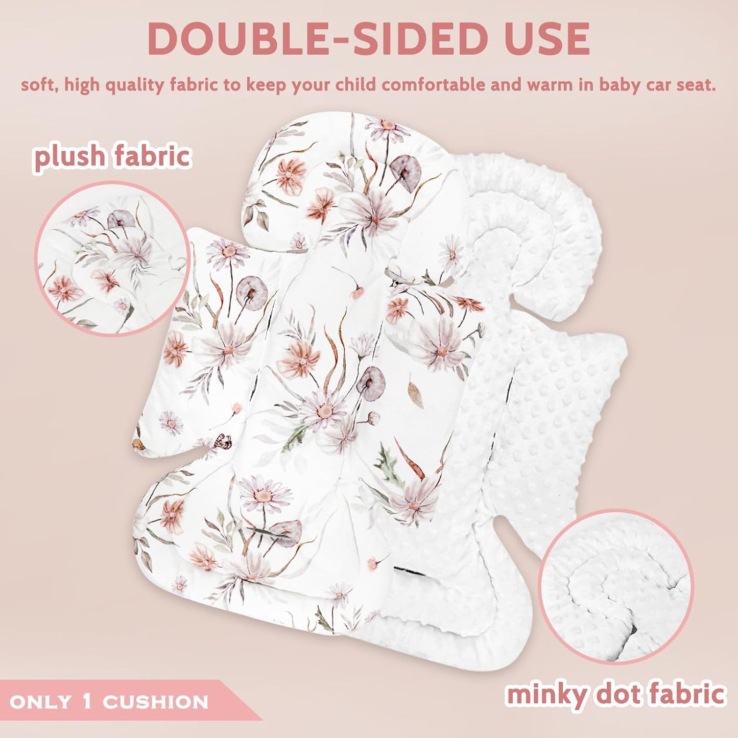 Infant Car Seat Insert and Strap Covers, Very Soft Car Seat Head Support Baby Girl Boy, Reversible Newborn Carseat Insert Cushion Fits for Stroller, Baby Swing, Bouncer (White Flower)