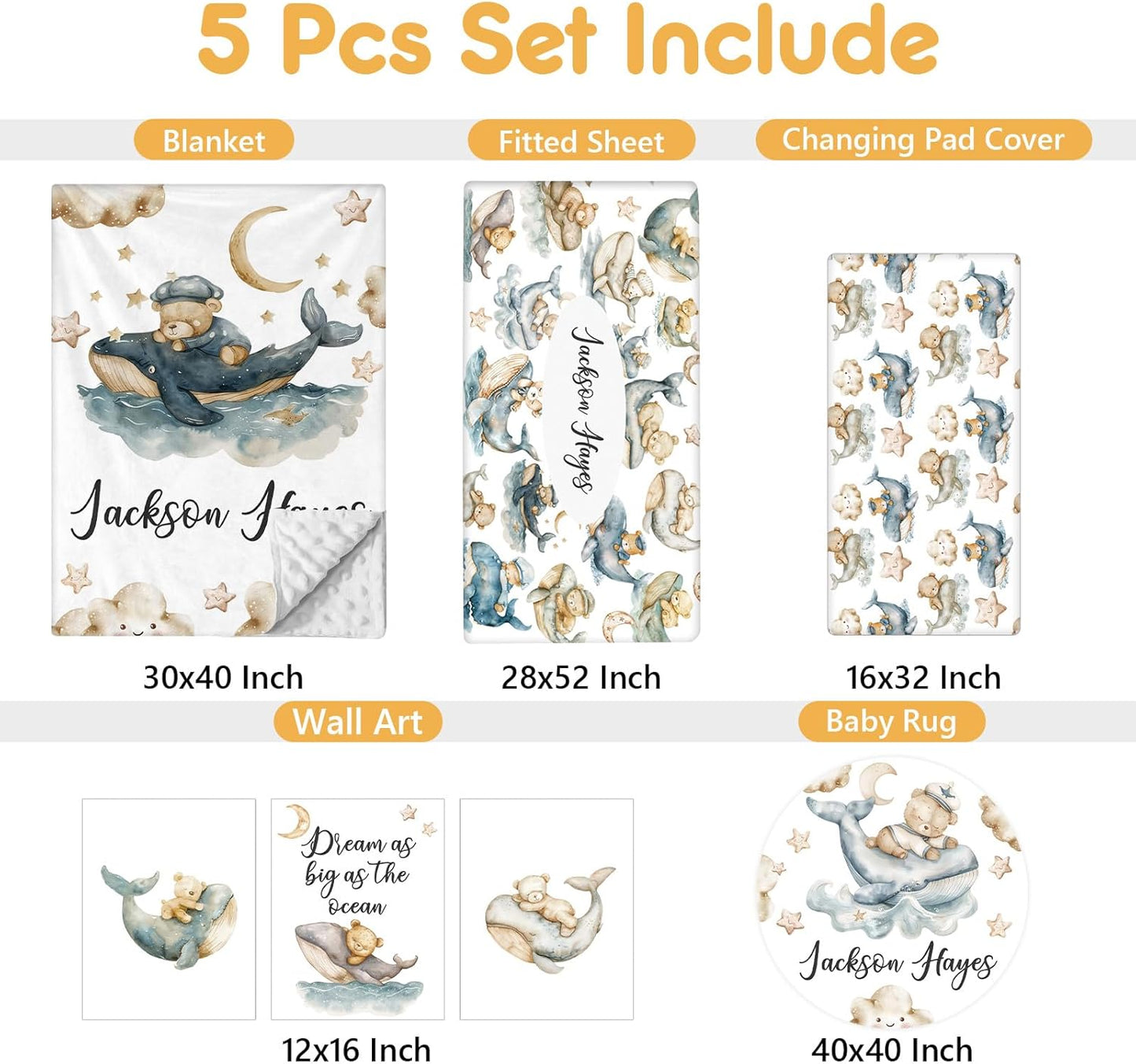 Personalized Baby Bedding Set - 5 Pcs Custom Infants Bedding Set with Infant Name - Double Layer Nursery Crib Set for Girls Boys - Customized Gifts for Toddler Baby Shower - Whales and Bears