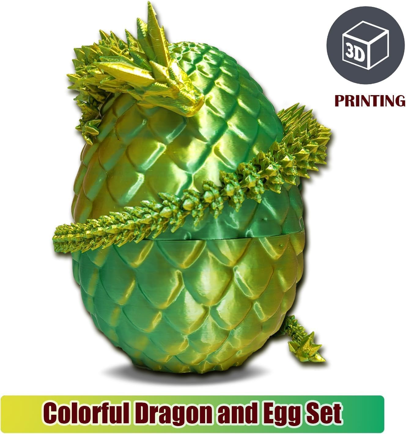 3D Printed Dragon Fidget Toys Dragon Egg 12inch Flexible Dragon Toy 3D Printed Dragon Egg with Articulated Dragon Inside Fidget Toys for Autism/ADHD Easter Toys Gifts (YellowGreen)