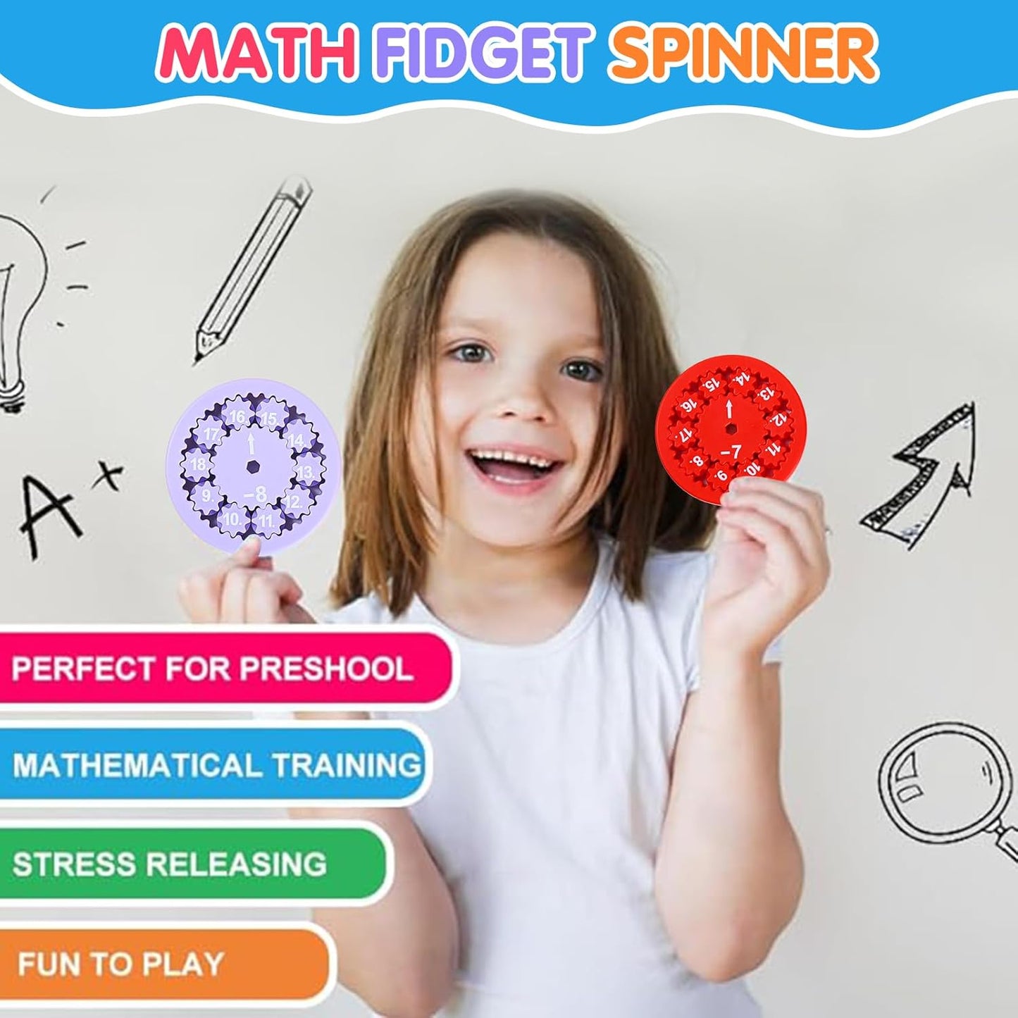 Math Fidget Spinners Addition, Math Fidget Toy for Kids, Math Facts Fidget Spinners, Educational Learning Numbers Add Subtract Fidget Spinner Toys for Kids, Math Game for Home School Classroom Prizes