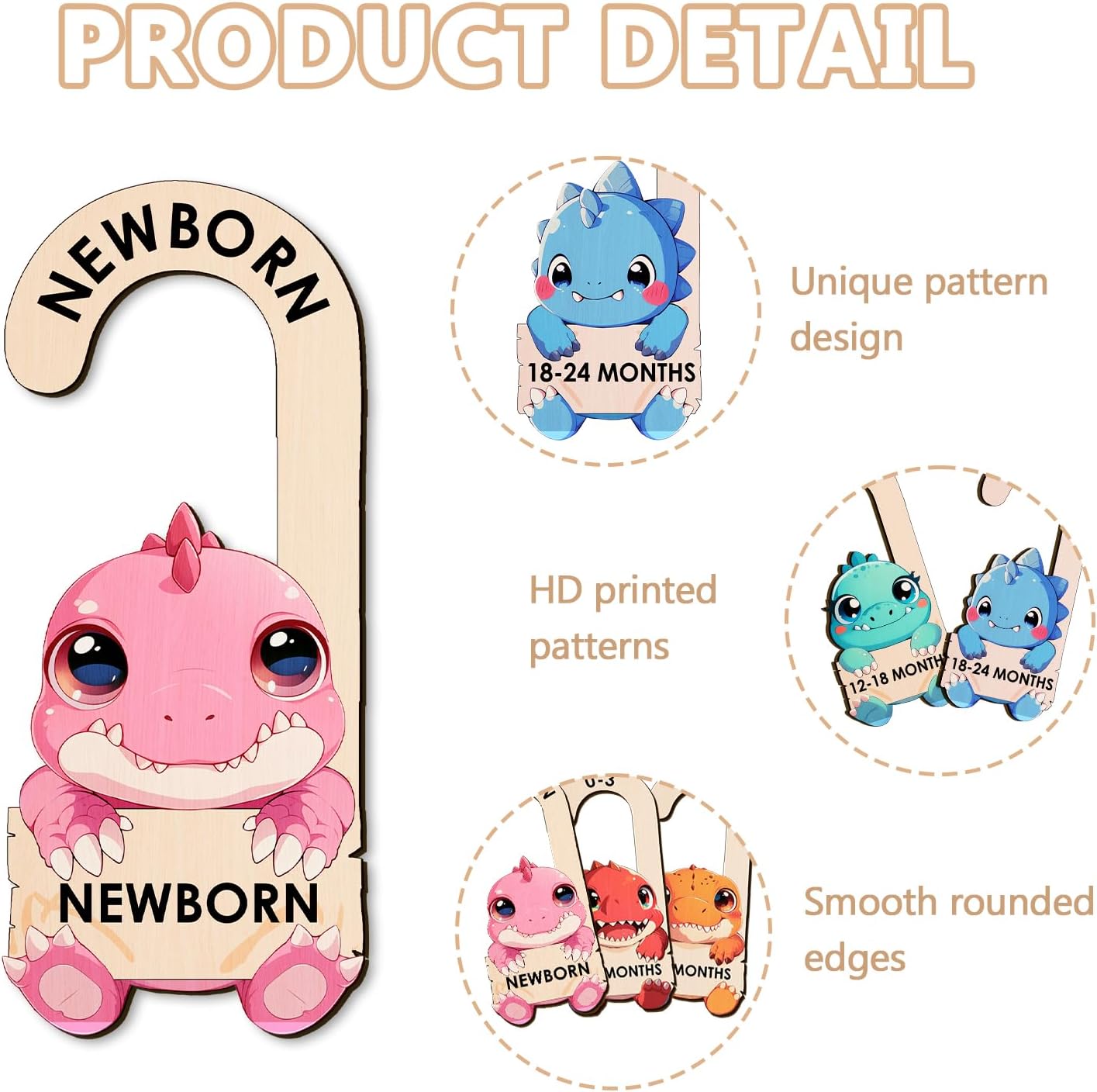 Baby Clothes Dividers for Closet - Wooden Baby Size Closet Dividers Newborn to 24 Months, Unique Dinosaur Design Babies Clothes Organizer for Nursery Decor Gender-Neutral Newborn Hangers (Set of 8)