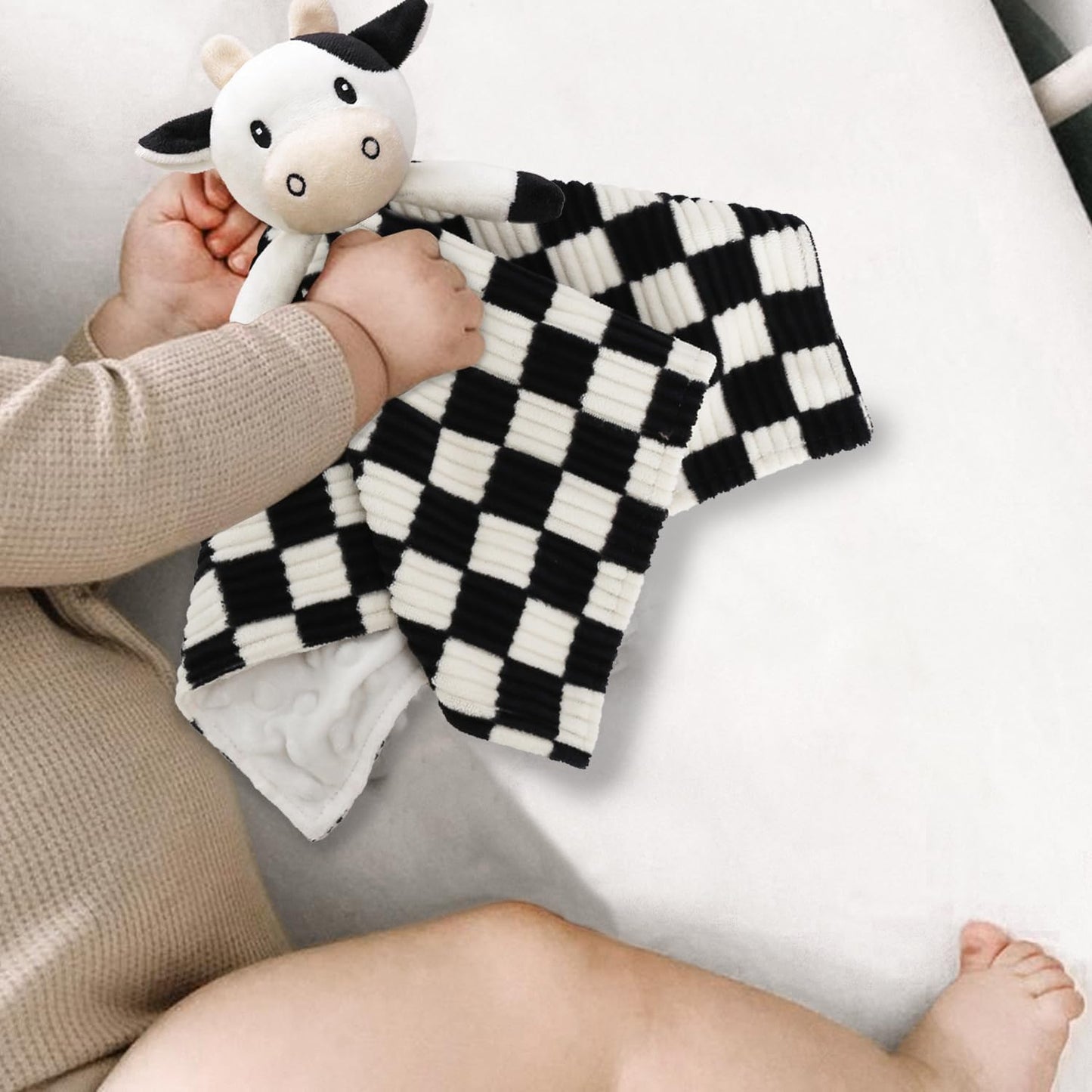 Cow High Contrast Baby Security Blanket for Babies, Soft 3D Checkerboard Lovey with Minky Dot Fabric Backing, Newborn Boys and Girls Snuggle Stuffed Animal Blankie 14 Inch