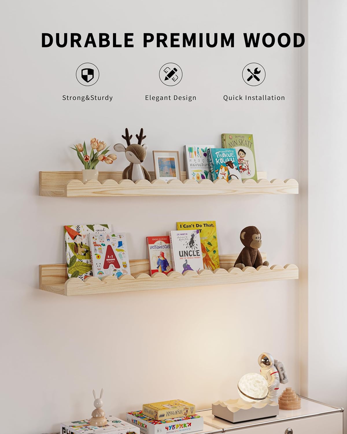 Nursery Book Shelves, 4-Pack Wood Floating Shelves for Wall Kids, Scalloped Shelves, Wall Book Shelves for Bedroom Kids, Toddler Room, Baby Room, Nursery Decor (Wood, 23 Inches)