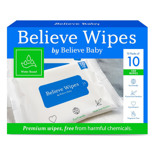 Believe Viscose Bamboo Baby Wipes Travel-Size 10pc-10 packs, Multi-Use Water Based Wipes Baby Sensitive Skin, Hypoallergenic and Fragrance Free for Babies – Gentle Plant-Based Viscose Bamboo Wet Wipe