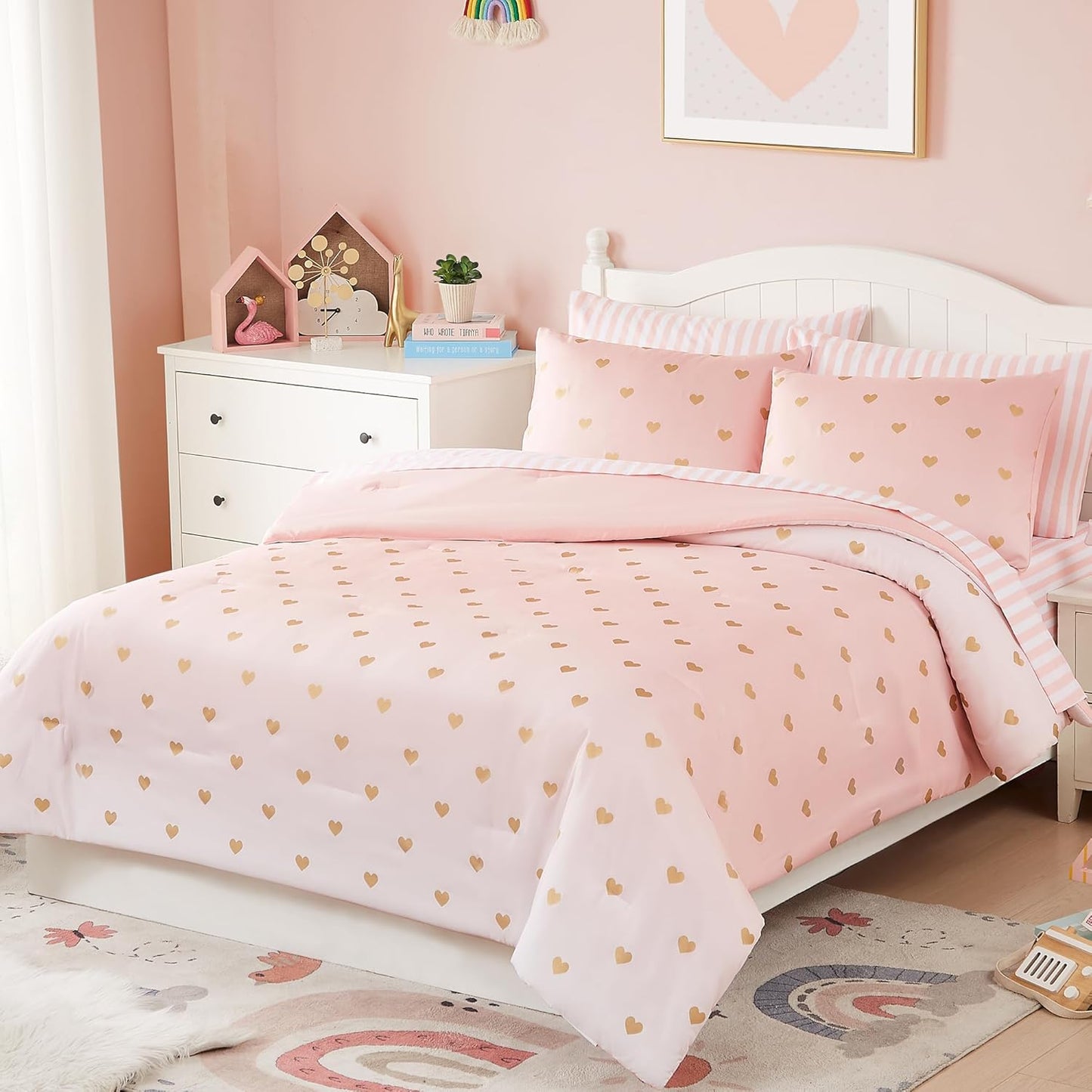 Twin Comforter Set with Sheets for Girls-5 Pieces Twin Bedding Sets with Pink Comforter, Sheets, Pillowcase & Sham for Kids (Pink Gold Heart, 66" X 86")