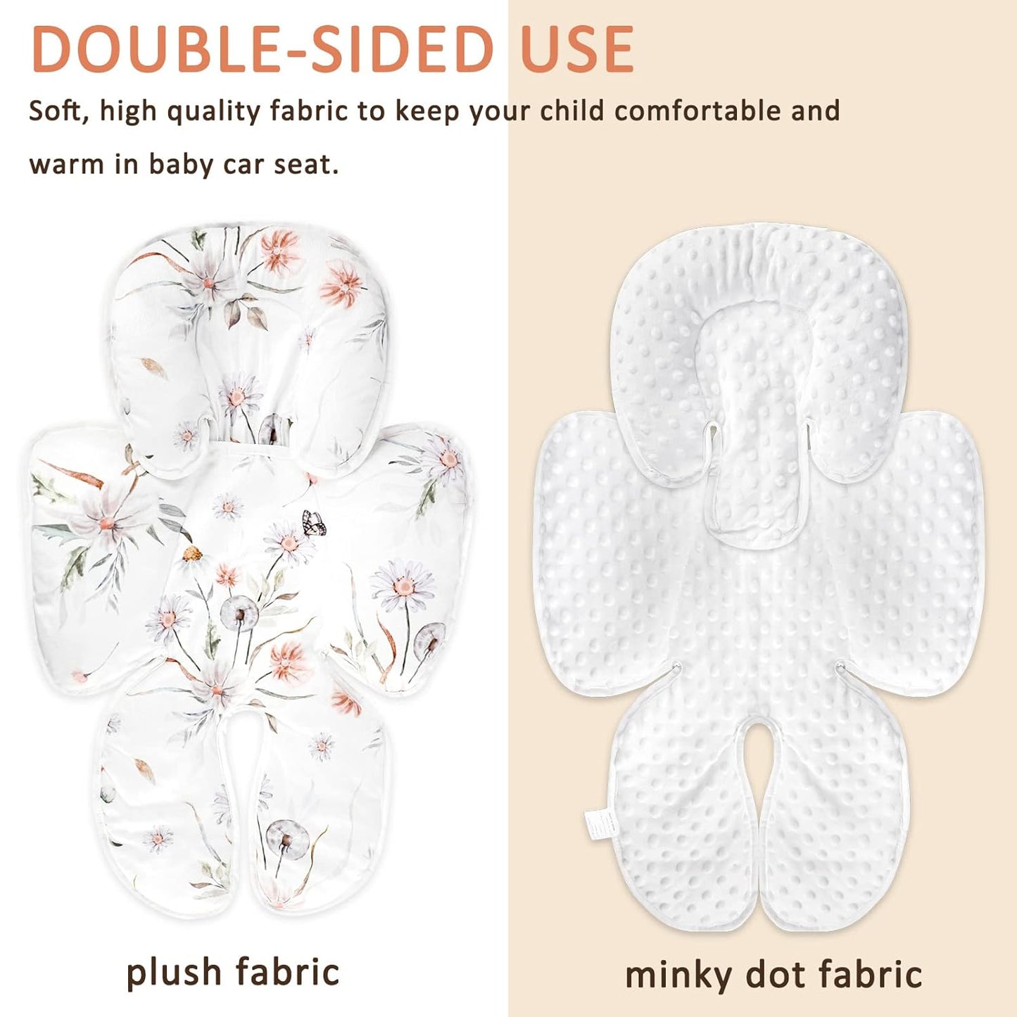 2 in 1 Infant Car Seat Insert, Car Seat Head Support Baby Girls Boys, Soft Newborn Carseat Insert Cushion, Perfect for Carseats, Strollers, Swings (White Flower)