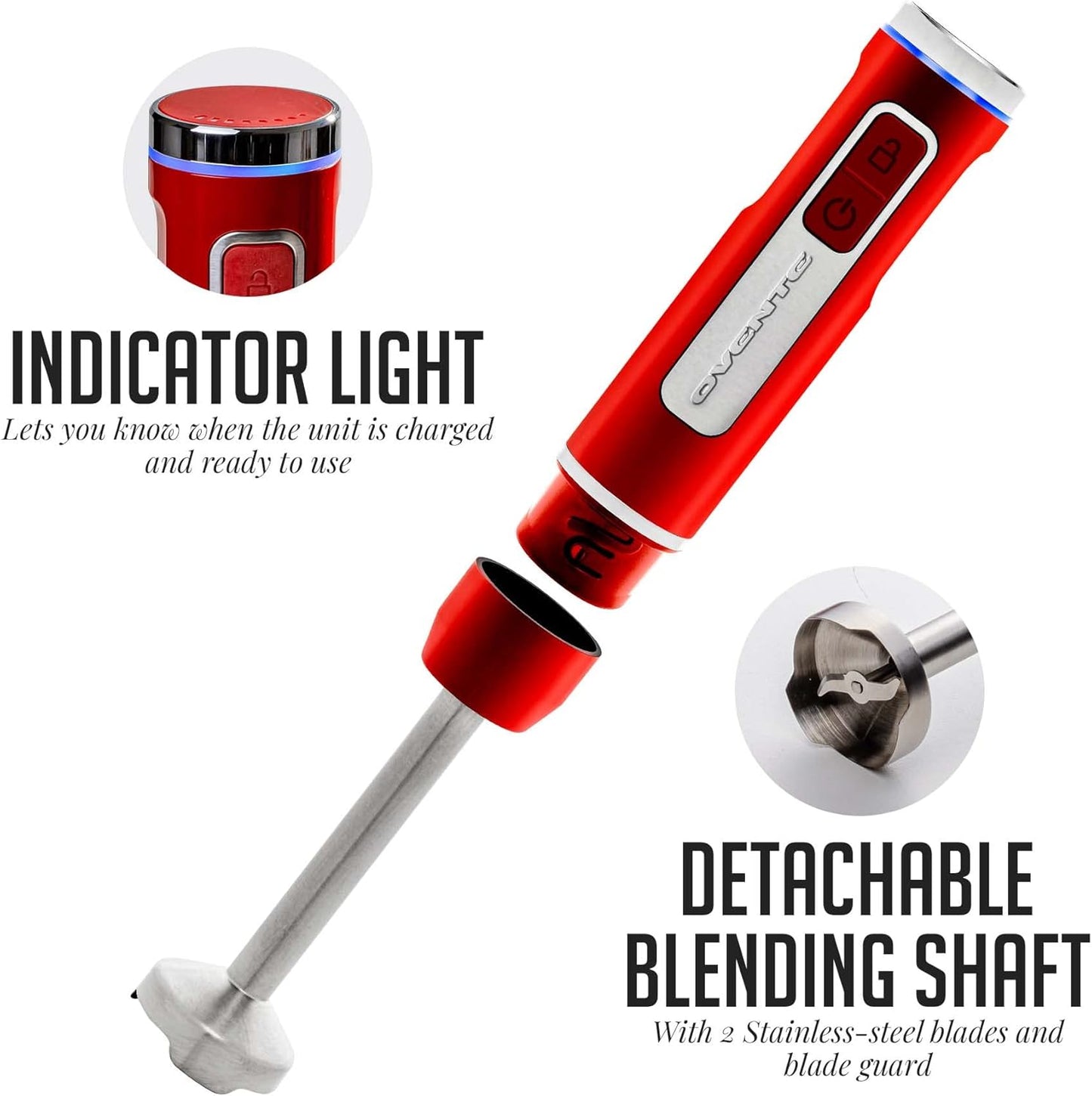 OVENTE Cordless Immersion Hand Blender, Rechargeable Handheld Portable Stick Mixer with 8 Mixing Speed Option, One-Touch Control and Stainless Steel Blades for Smoothies, Shakes or Soups, Red HR781R