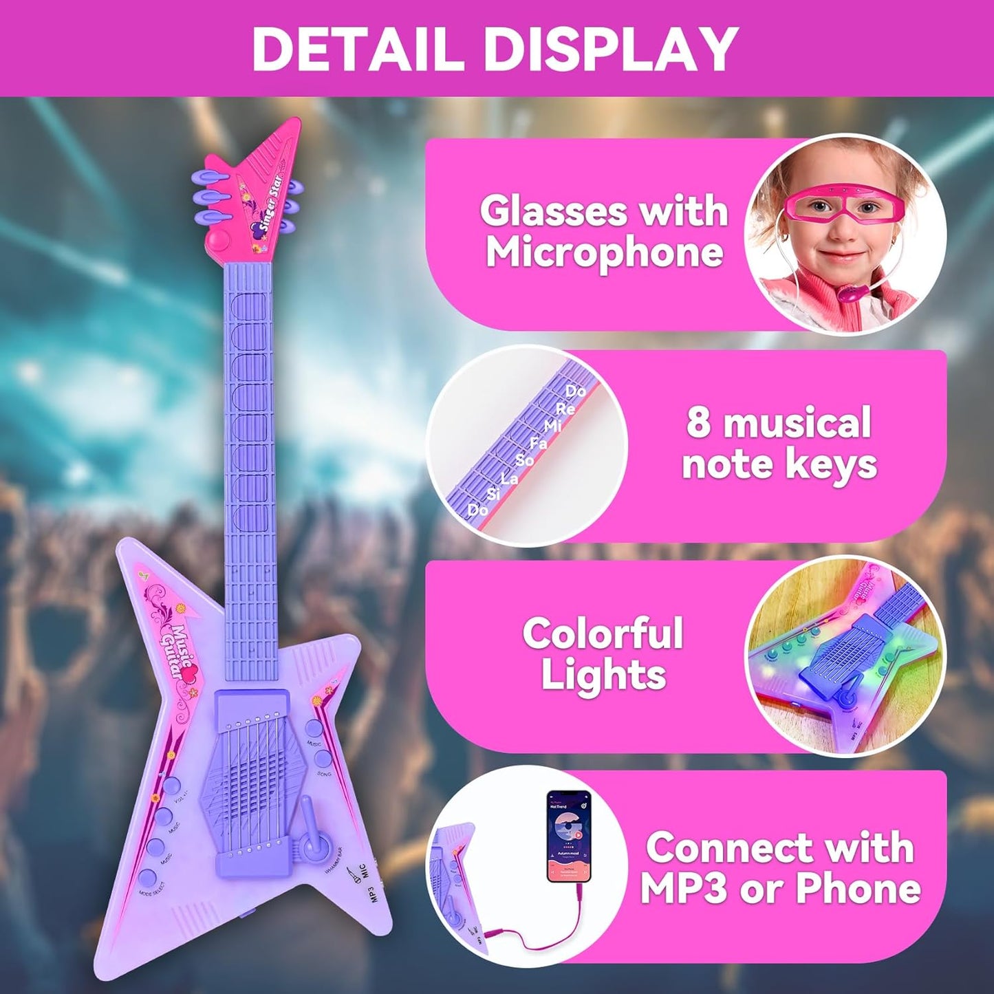 Guitar and Microphone Play Set with Glasses,Music Toys with Music&Light,Kids Karaoke Machine,Music Instruments for Toddlers,Girls,Perschool Educational Toys Gift for Children