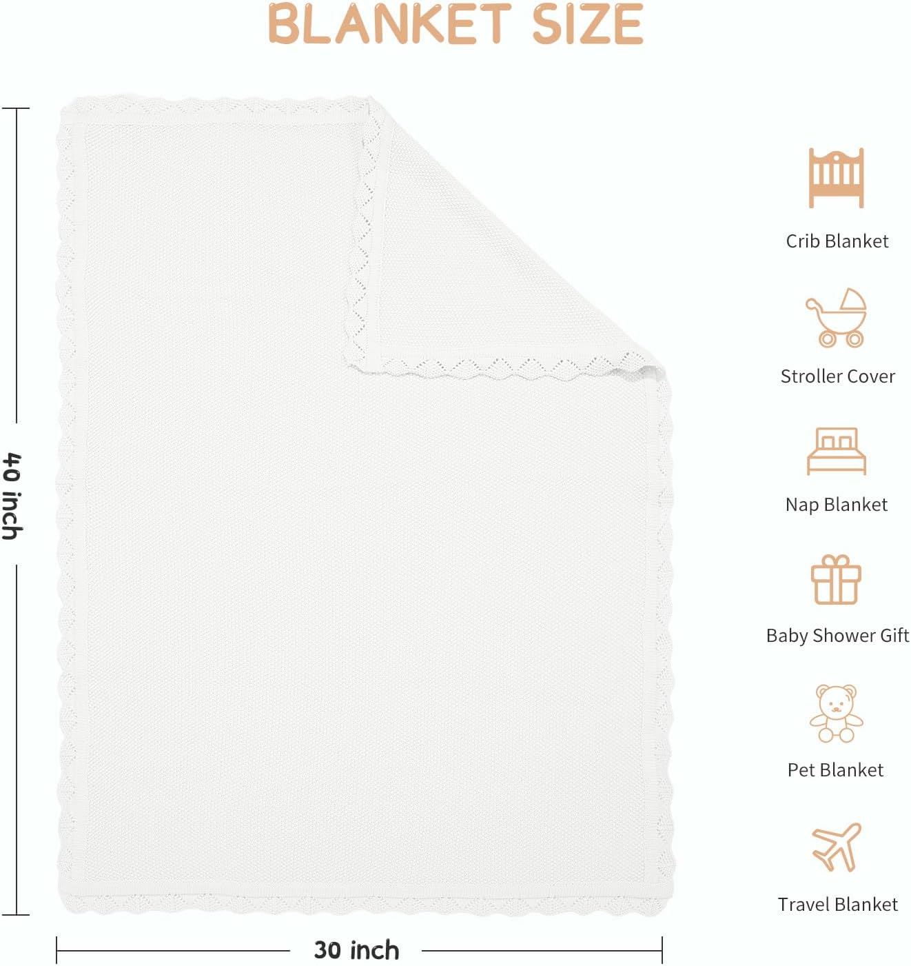 100% Cotton Baby Blanket Knit Lace Soft Warm Toddler Blanket,30 x 40 Inches，White