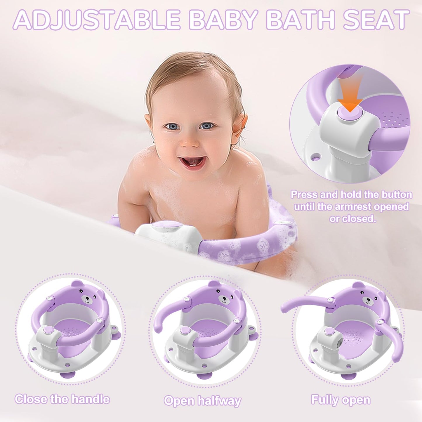 Baby Bath Seat for Babies 6 Months & up, Non-Slip Toddler Bath Seats for Babies Sitting Up, Safe Infant & Newborn Bathtub Chair with 4 Suction Cups & Soft Cushion for Shower,Lavender