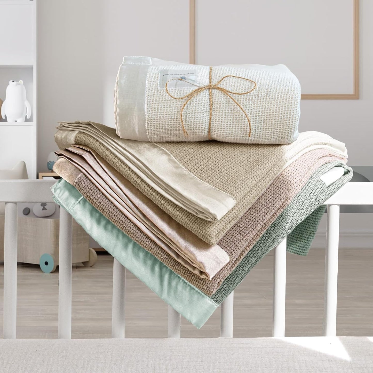 lulumoon Swaddle Baby Blanket: Waffle Blanket with Satin Trim - Breathable Toddler Blankets Perfect for Nursing Cover and Playtime - Cotton Crib Quilt for Daytime Naps 40"x36"(Sage)