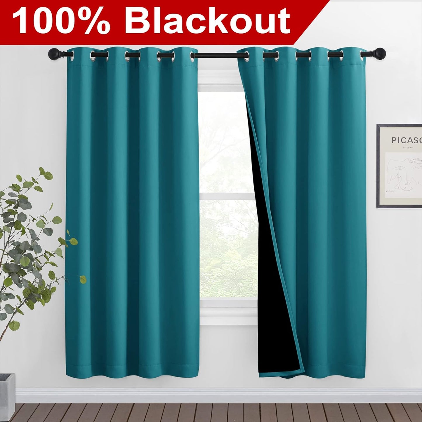 NICETOWN 100% Blackout Window Curtain Panels, Full Light Blocking Drapes with Black Liner for Nursery, 72-inch Drop Thermal Insulated Draperies (Peacock Teal, 2 Pieces, 46-inch Wide Per Panel)