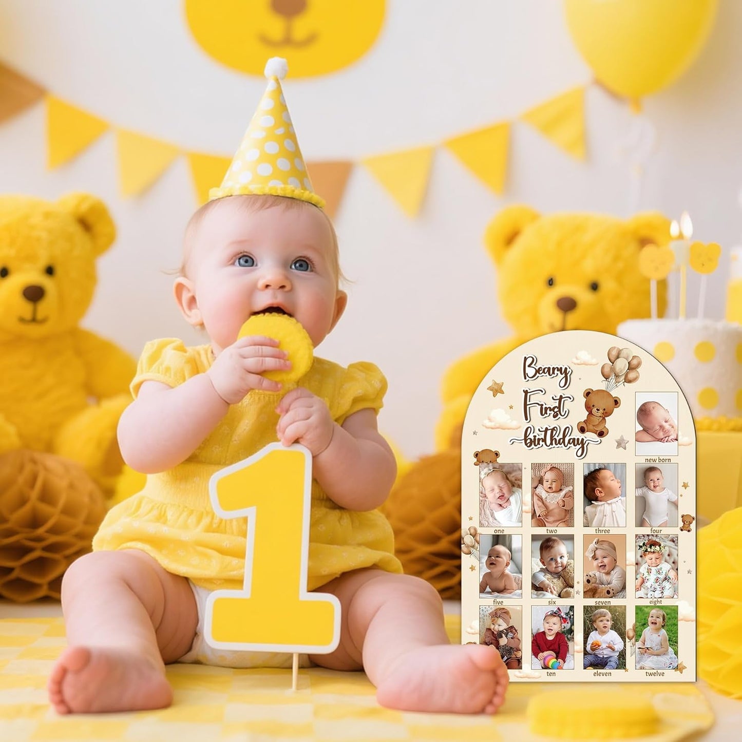 R HORSE My First Year Photo Display Wood Board - 3D Brown Bear Baby's First Year Picture Frame, 12 Months Beary Milestone Board Neutral Baby Keepsake Gift 1st Birthday Nursery Decor for Boy Girl