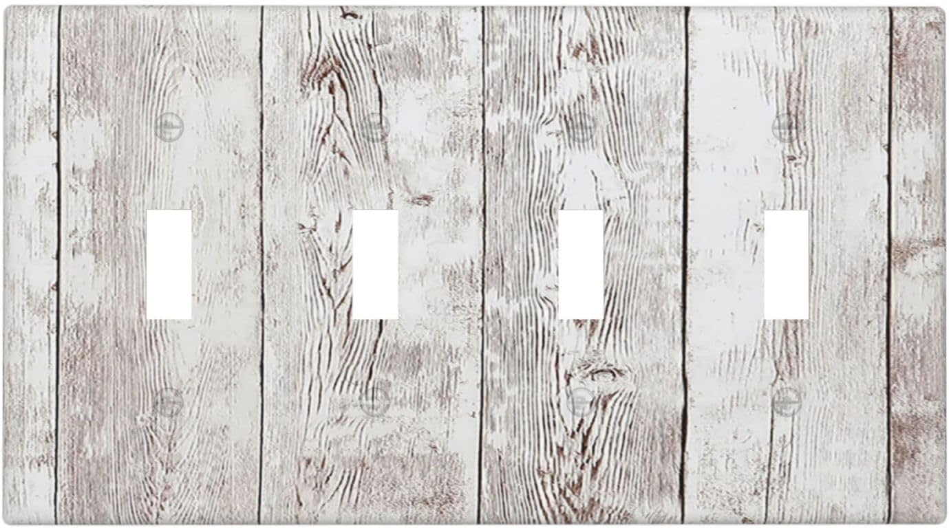 Light Switch Covers Rustic Vintage White Wood Grain Quad Toggle Electrical Faceplate 4 Gang Wall Plate Decorative Switch Plates for Farmhouse Home Decor