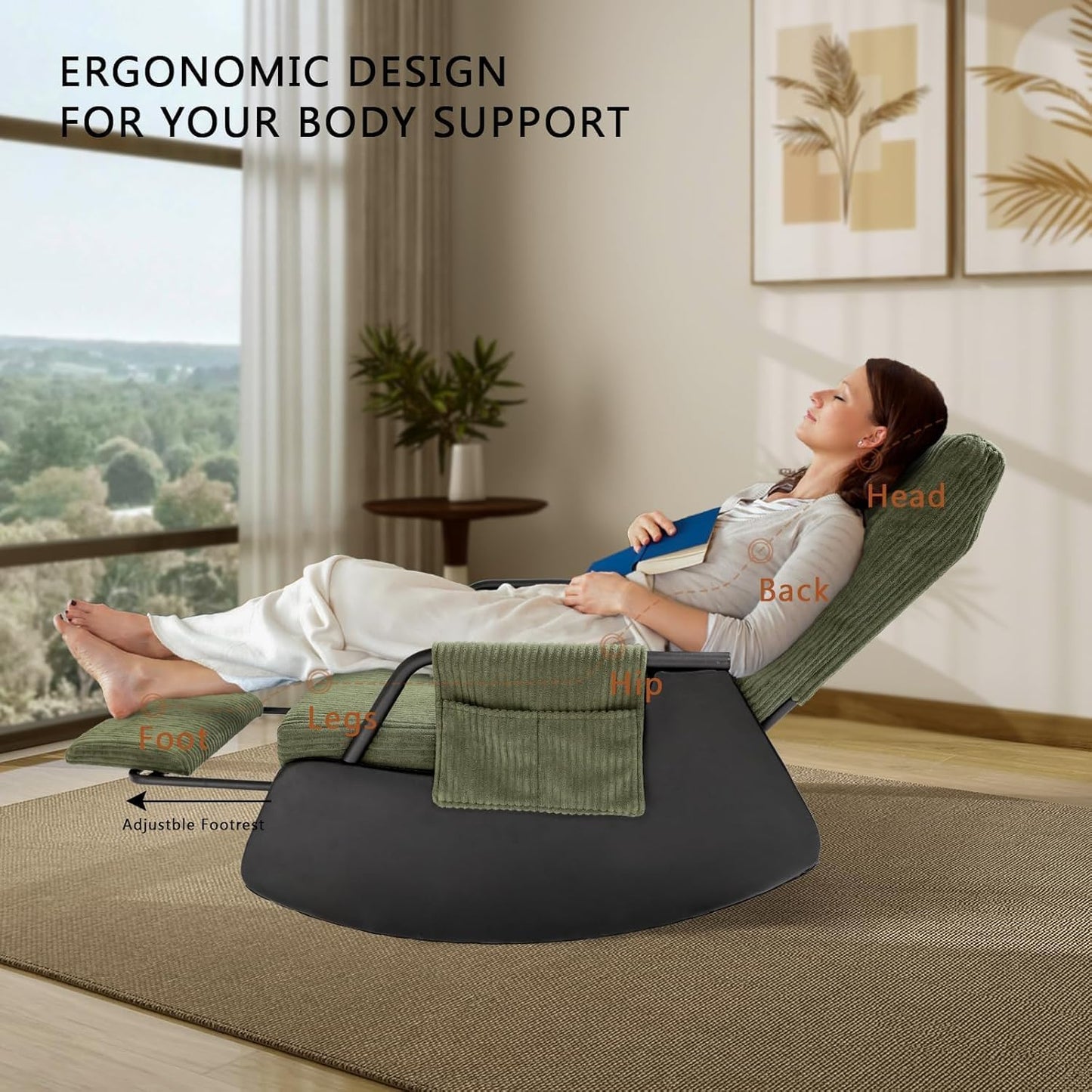 Rocking Chair for Nursery, Modern Upholstered Plush Seating Glider Recliner Chair with High Backrest and Side Pocket, Accent Armchair with Cushions for Living Room/Reading (Blackish Green)