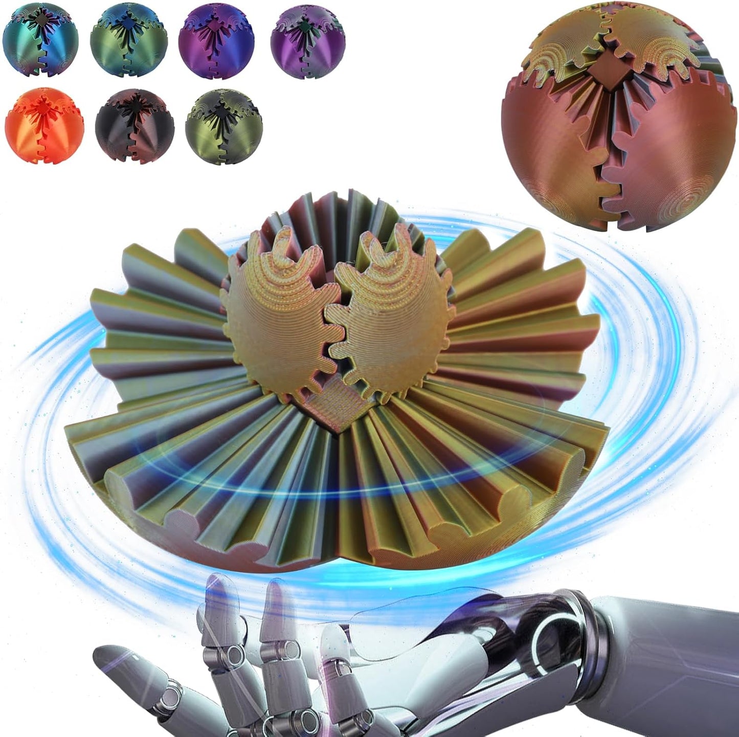 Gear Ball, Gear Sphere, 3D Printed Gear Ball Spin Ball Cube Fidget Toys GearSphere Ball, Stress Ball, Gear Sphere Desk Toy, Fidget Ball, Gear Toy for Stress and Anxiety Relaxing (Laser Color F)