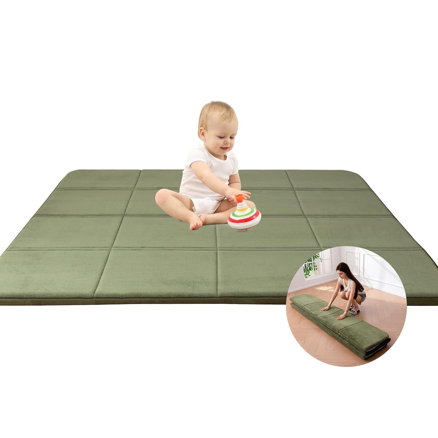 MAXYOYO 1.2" Thick Baby Play Mat for Floor, 78"x 78" Foldable Playpen Mat,Tummy Time Foam Mats Ultra Soft Support, Padded Carpet with Non-Slip Backing for Infant,Kids and Toddler Crawling, Green