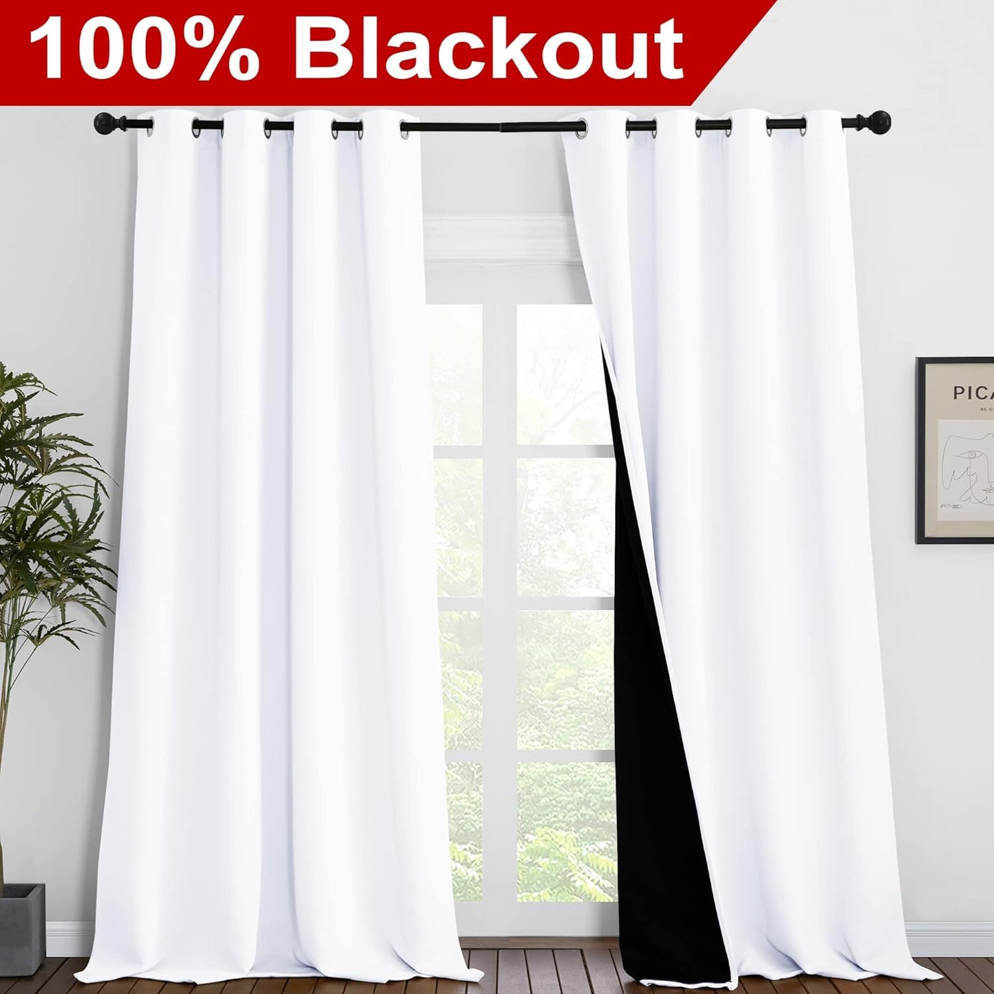 NICETOWN Full Shading Cold Blocking Curtains for Windows, Super Heavy-Duty Black Lined Blackout Curtains for Bedroom, Privacy Assured Window Treatment (White, Pack of 2, 55 inches W x 96 inches L)