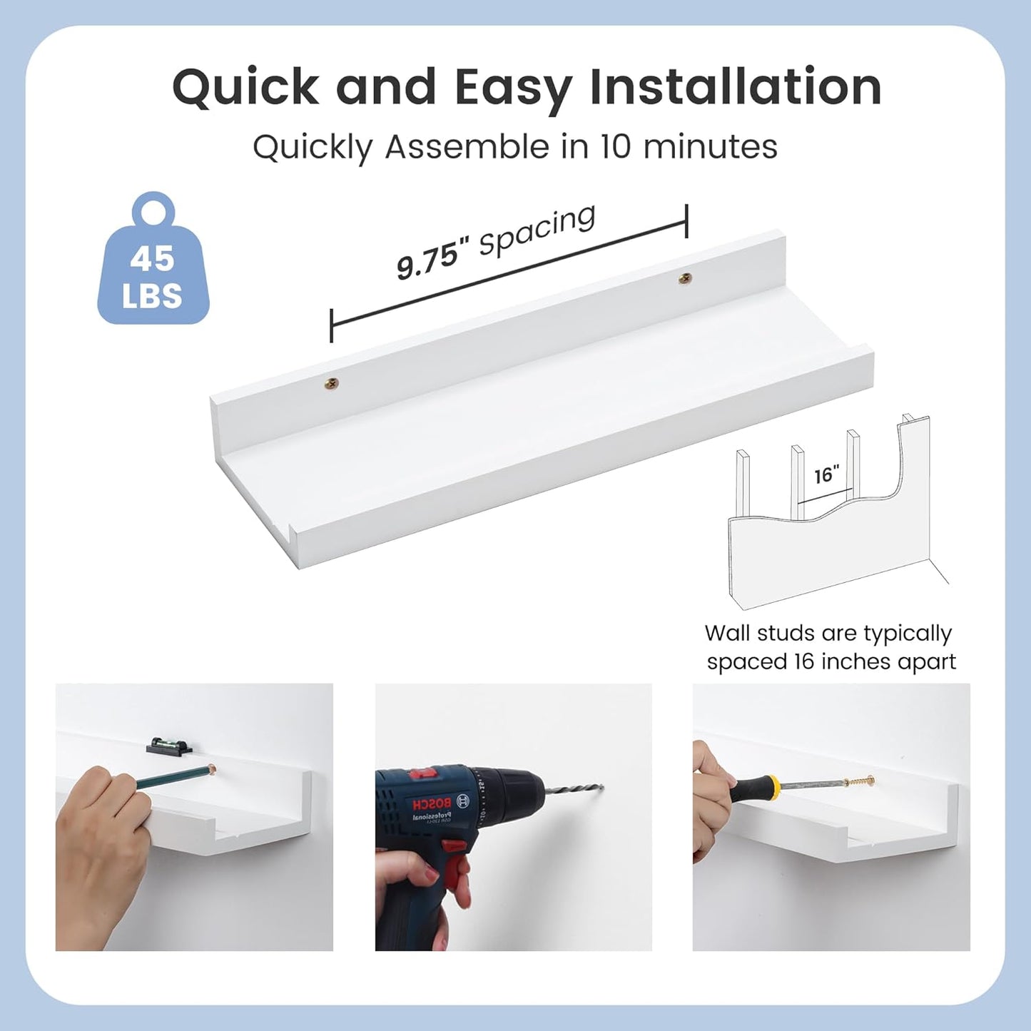 Picture Ledge Shelf for Wall, 16 inch Solid Pine Wood Nursery Book Shelves 2 Packs, Floating Ledge Shelves for Kids' Room Bedroom Bathroom Living Room Photo Frames Office Nursey Wall Decor, White