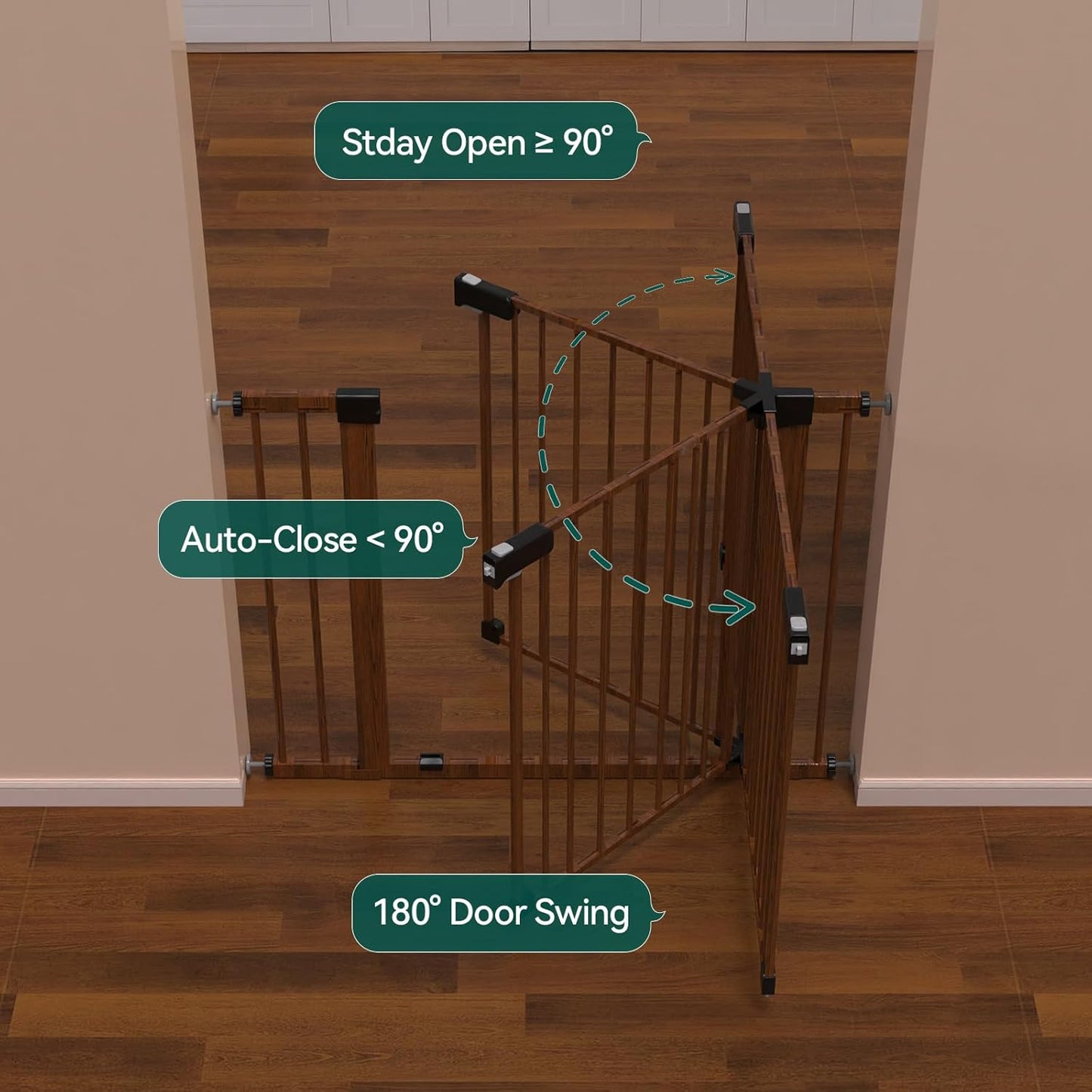 BABELIO 29-40" Metal Baby Gate with Black Wood Pattern, Auto Close Dog Door for The House、Stairs and Doorways, Pressure Mounted Pet Barrier, with Wall Protectors and Extenders