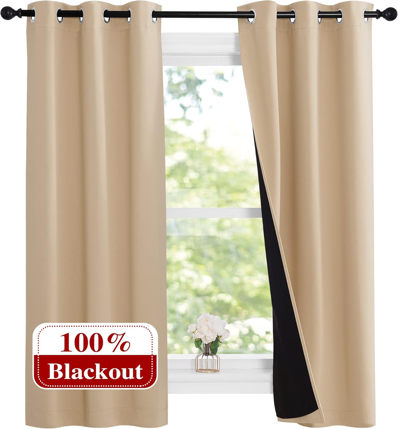 NICETOWN Bedroom Full Blackout Curtain Panels, Set of 2 Pcs, 37 by 60-inch, Biscotti Beige, Super Thick Insulated Grommet Drapes, Double-Layer Blackout Draperies with Black Liner for Small Window
