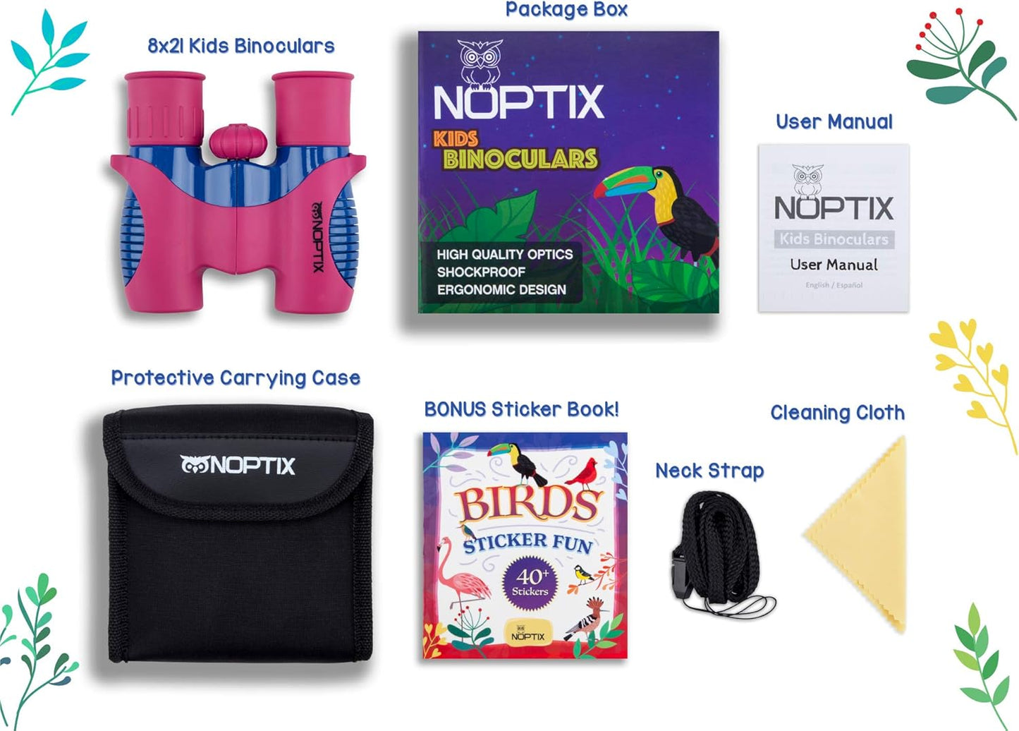 Binoculars for Kids, Girls or Boys Real Kids Binoculars in Vibrant Pink Blue - includes Sticker Book with 40 Bird Species - Kids Toys Small Binoculars, Toddler Binoculars