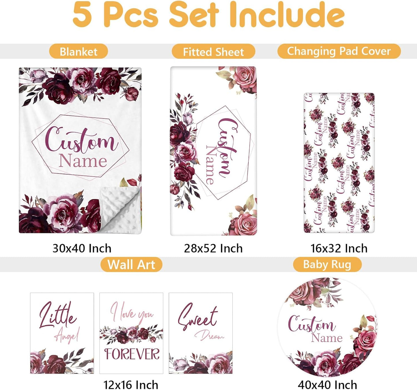 Personalized Crib Bedding Set, 5 Pcs Custom Nursery Bedding Sets with Name, Infant Bedding Set for Baby Girls, Purple Flower Double Layer Baby Crib Set, Babies Toddlers Kids Customized Gifts