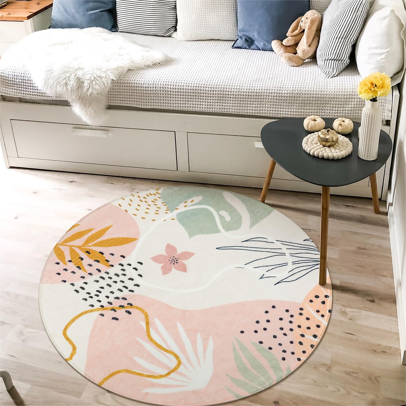 Lahome Pink Round Area Rug - 4Ft Washable Non-Slip Small Circle Boho Throw for Bedroom, Low-Pile Soft Cute Nursery Girls Room, Botanical Print Indoor for Dorm Bathroom