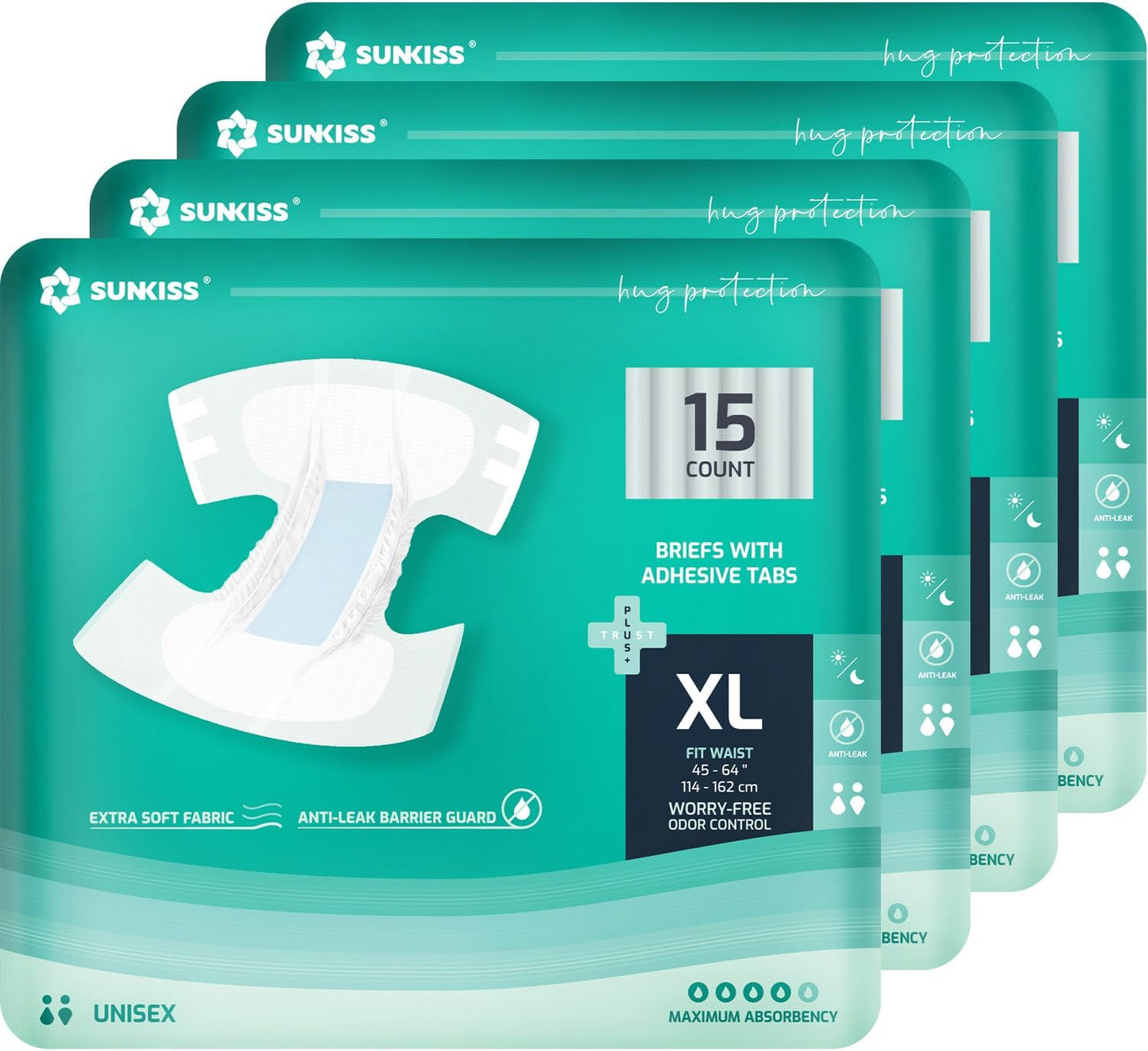 SUNKISS TrustPlus Adult Diapers with Maximum Absorbency, Unisex Disposable Incontinence Briefs with Tabs for Men and Women, Odor Control, XLarge, 60 Count (4 Packs of 15)