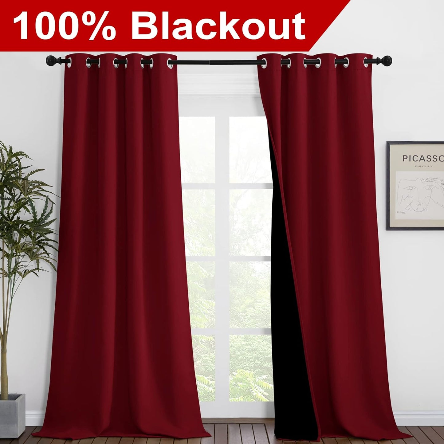 NICETOWN Truly Blackout Drapes for Living Room, Heavy-Duty Full Light Shading Curtain Set with Black Liner Backing for Villa/Hall/Dorm Window（Burgundy Red, Set of 2, 46 inches Wide x 90 inches Long
