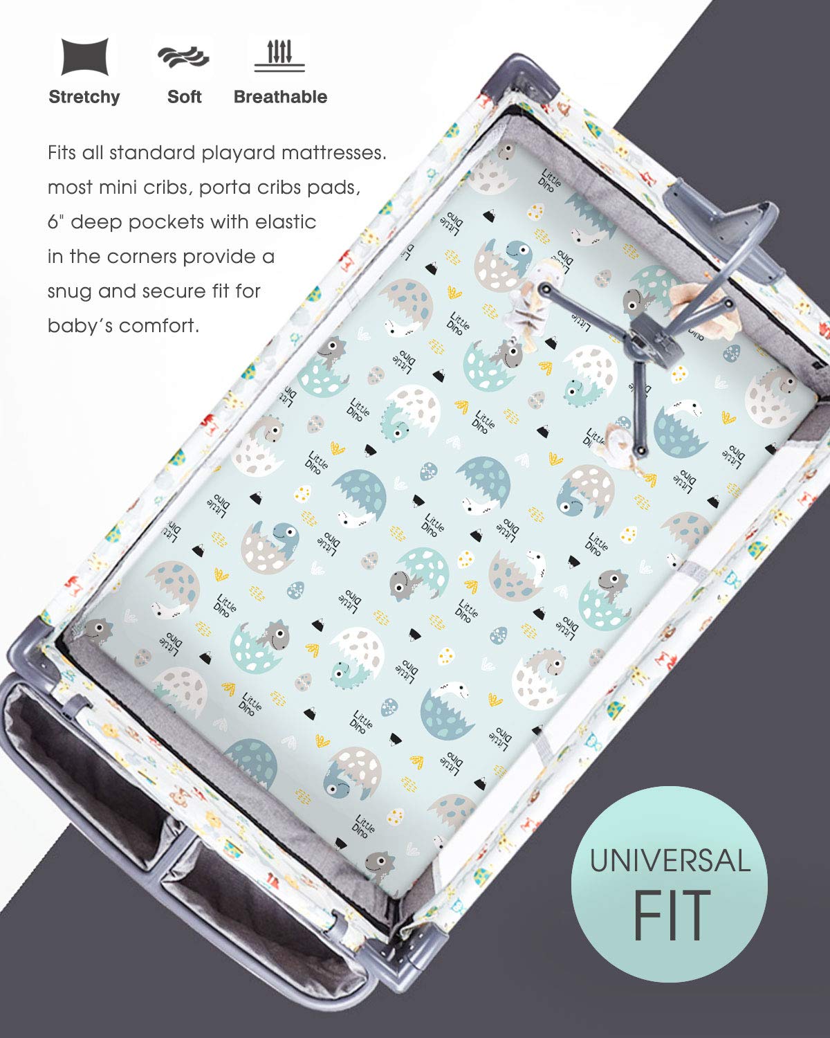 GRSSDER Stretchy Ultra Soft Jersey Knit Fitted Pack n Play Sheets Set 2 Pack, Portable/Mini Crib Sheets for Boys, Universal Fit for Pack N Plays Safe and Snug, Happy Dinosaurs for Baby