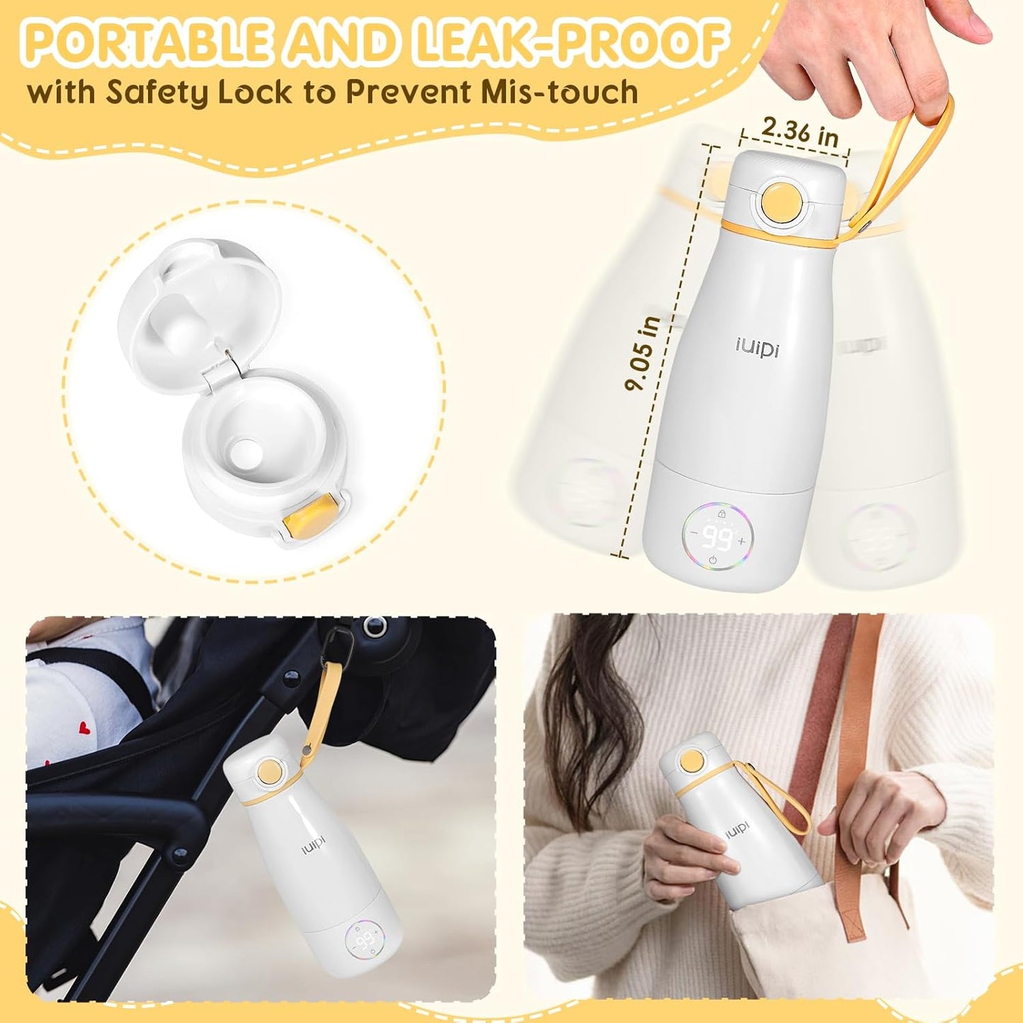 Portable Milk Warmer for Travel, 12oz Large Capacity Baby Bottle Warmer for Formula & Breastmilk, Fast Heating Milk Warmer on The Go wth Child Lock,Precise Temp Control