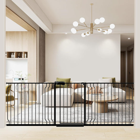 WAOWAO Baby Gate 85.83-95.24" Extra Wide Pressure Mounted Walk Through Swing Auto Close Safety Black Metal Toddler Kids Child Dog Pet Puppy for Stairs,Doorways,Kitchen