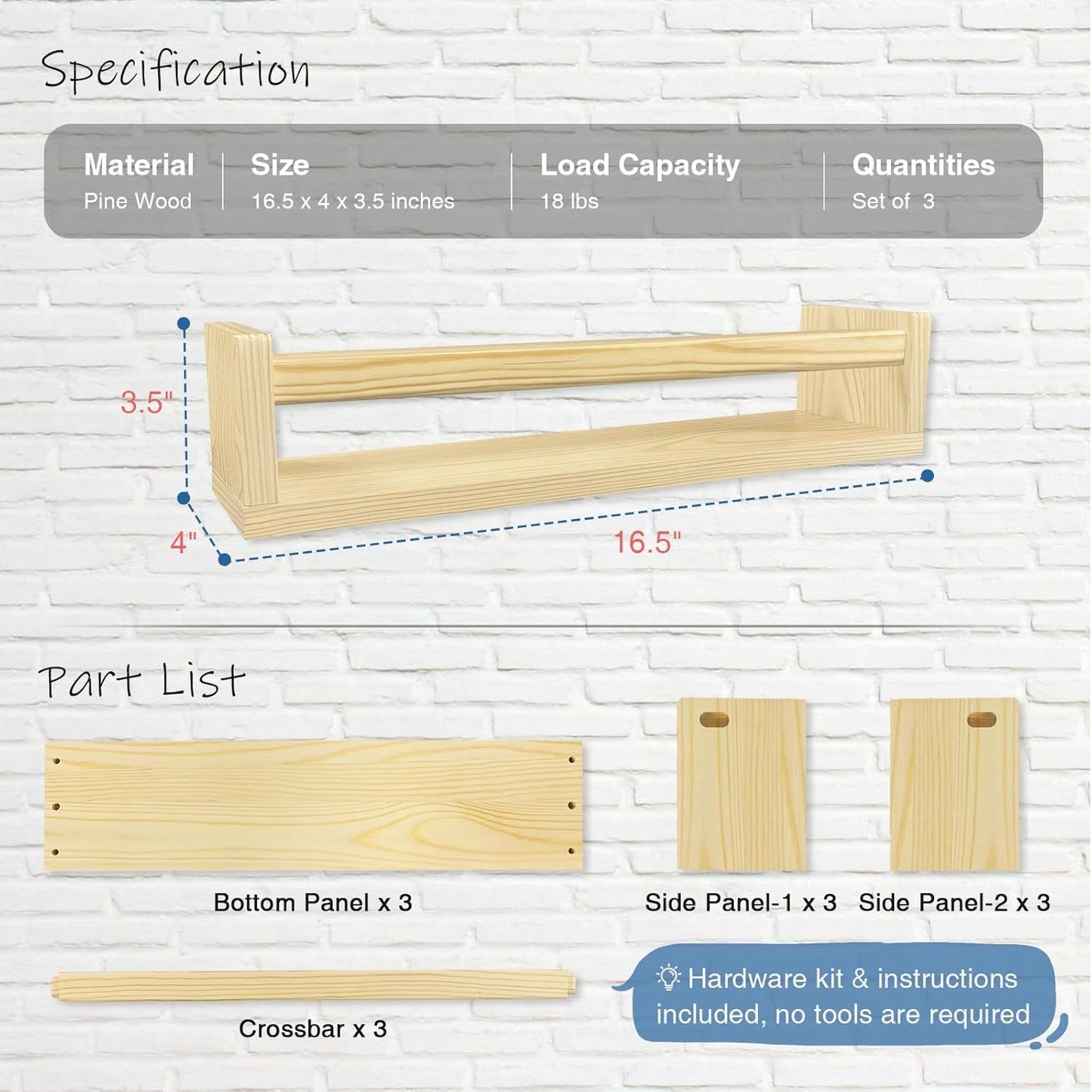 Floating Nursery Book Shelves for Wall, Natural Wood Wall Bookshelf for Kids Room Bedroom, Small Wooden Hanging Baby Book Shelf and Toy Organizer for Nursery Girl Boy Toddler Child - Set of 3