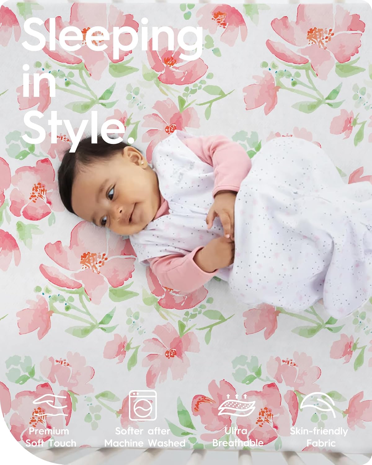 Baby Crib Sheets Girl, TotBasic Premium Soft Crib Mattress Sheet, Ultra Breathable Floral Crib Sheet Fitted, Super Stretchy Jersey Cotton Crib 28" x52‘’x9'' Extra Deep Pocket