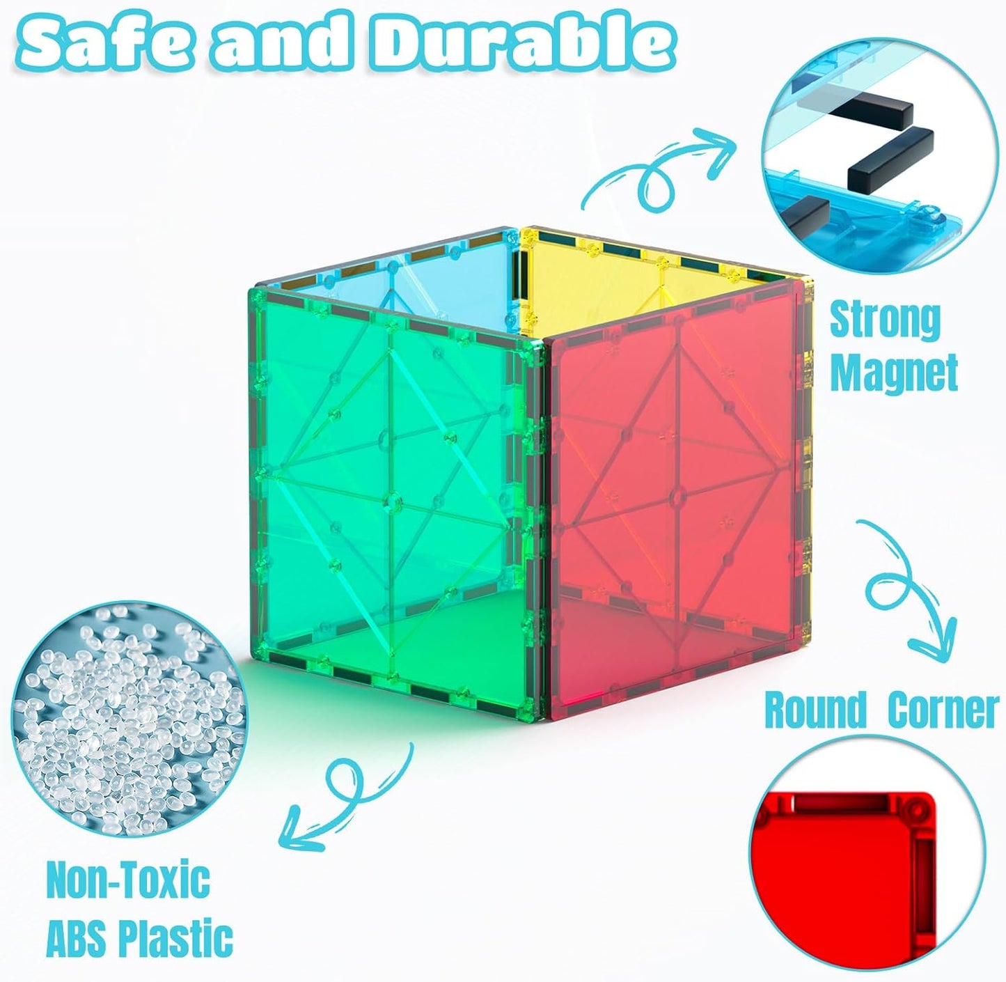 Bmag 4 Piece Magnetic Tiles Large Square, Magnet 3D Building Blocks Expansion Set for Kids, STEM Preschool Learning Kit Educational Playset Construction Toys for Boys Girls Ages 3+