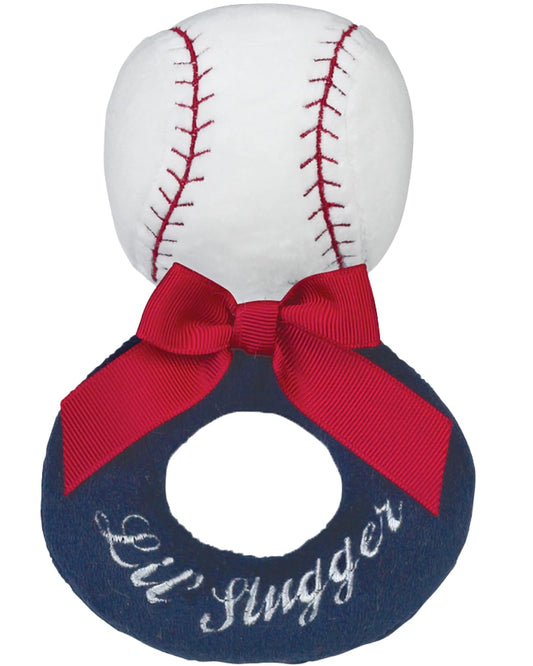 Bearington Baby Lil’ Slugger, 5.5 Inch Red, White and Blue Plush Stuffed Baby Baseball Soft Ring Rattle - Baseball Toys