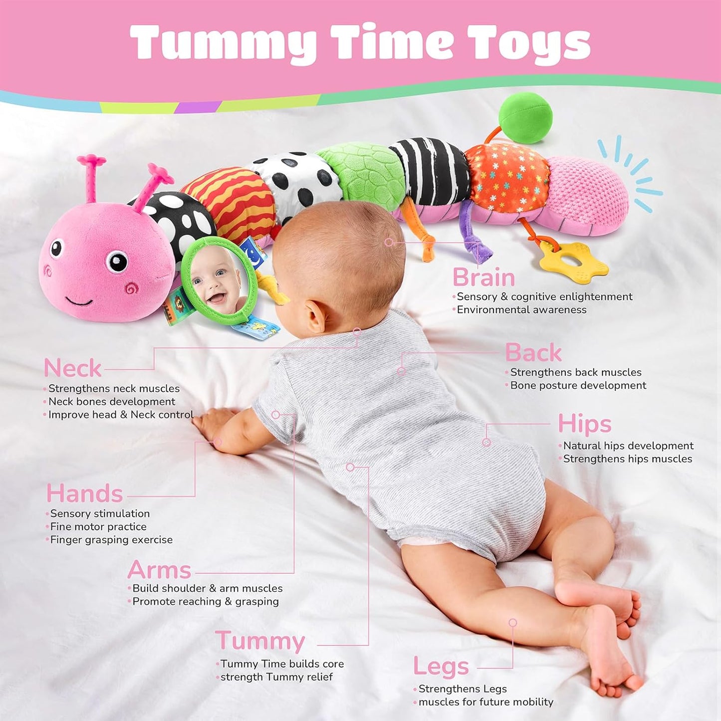 Baby Toys 6-12 Months Music Caterpillar Infant Toys Stuffed Animals 0-3-6 Months Teething Tummy Time Sensory Toys with Mirror Rattle&Pull String for Boys Girls Birthday Gifts|Pink,Knot Limb